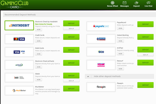 Gaming Club CAD deposit methods