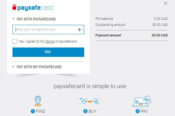 Paysafecard Canada casino deposit screen