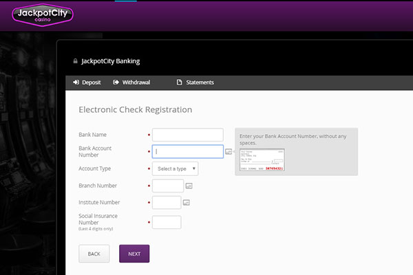 eCheck deposit screen jackpot city