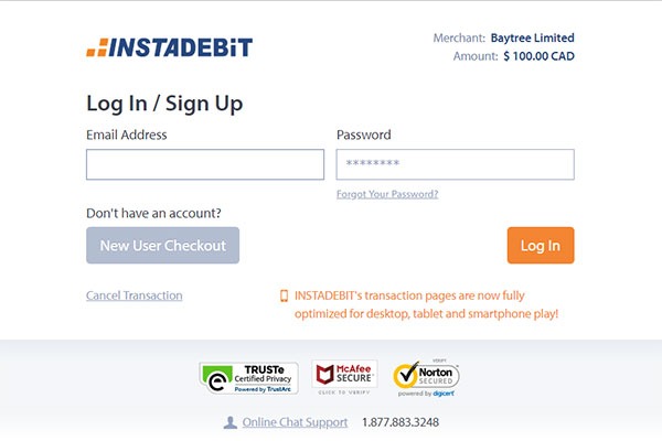 Instadebit deposit screenshot