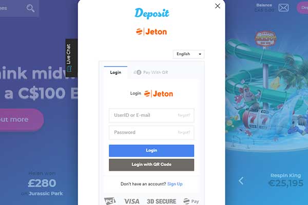 Jeton Casino Deposit screen