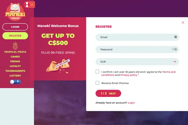 Opening an account with Maneki Casino 